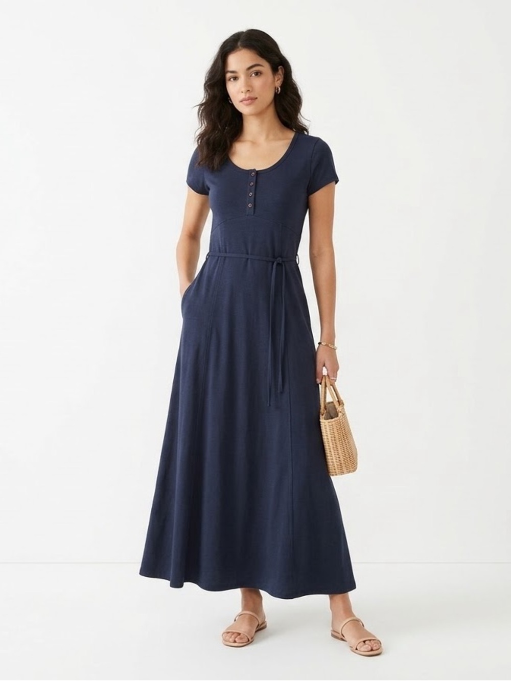 Vintage Sostanza Dark Navy Blue Short Sleeve Henley Knit Maxi Dress - Size Large